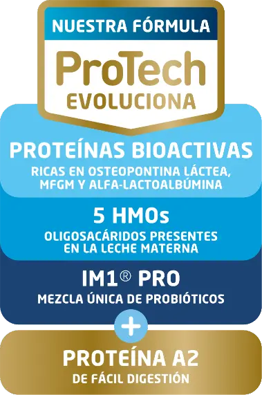 Nuestra fórmula ProTech evoluciona. Proteínas bioactivas, 5 HMOs, IM1 PRO + proteína A2